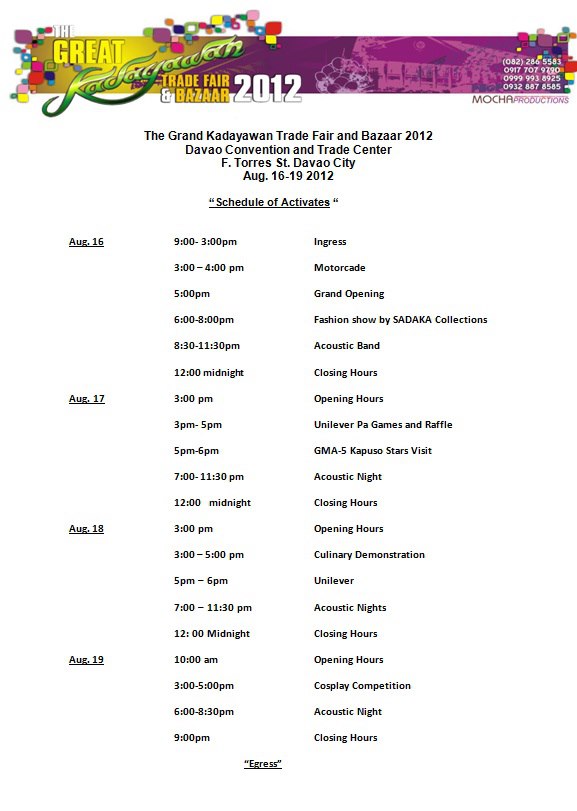 Great Kadayawan Trade Fair & Bazaar August 2012 Davcon Davao City schedule of activites