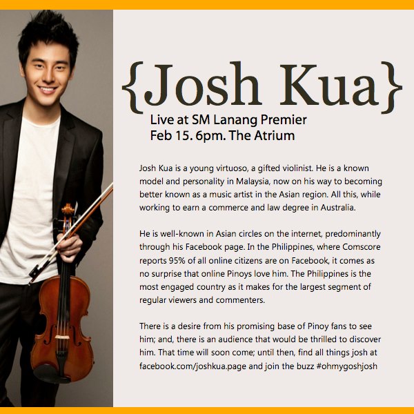 Josh Kua violinist Live at SM Lanang Premier Atrium Davao City Feb.15, 2013 PR photo