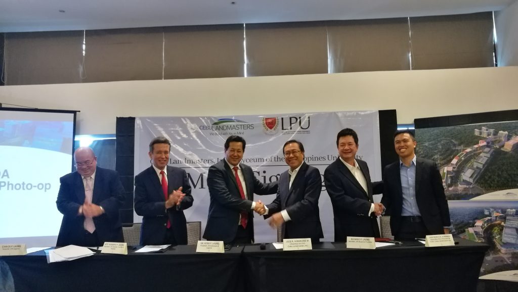 LPU Laguna Treasurer Mr. Carlos P. Laurel; LPU Manila, Cavite & Makati President Atty. Roberto P. Laurel; LPU Batangas & Laguna President Dr. Peter P. Laurel; Cebu Landmasters Inc. Chairman & CEO Mr. Jose R. Soberano III; LPU Board of Trustees Member Mr. Ricardo P. Laurel; and Cebu Landmasters Inc. Executive Vice President & COO Mr. Jose Franco Soberano