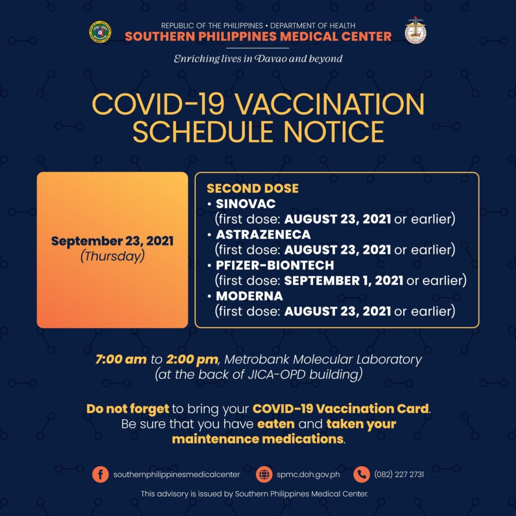 Vaccination Schedule Advisory: SPMC 2nd Dose for Sinovac, Pfizer, AstraZeneca & Moderna on September 23, 2021 