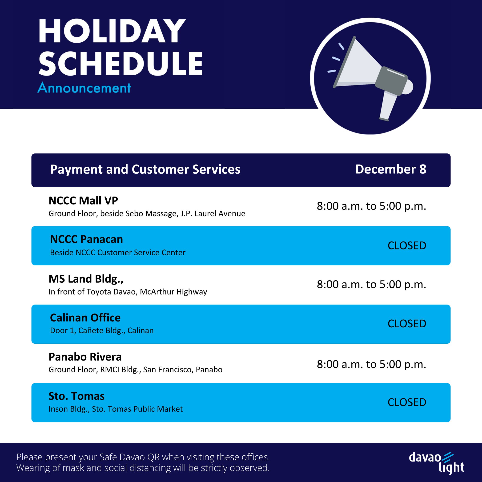 Davao Light & Power Holiday Schedule Office and Payment Centers DAVAO LIFE