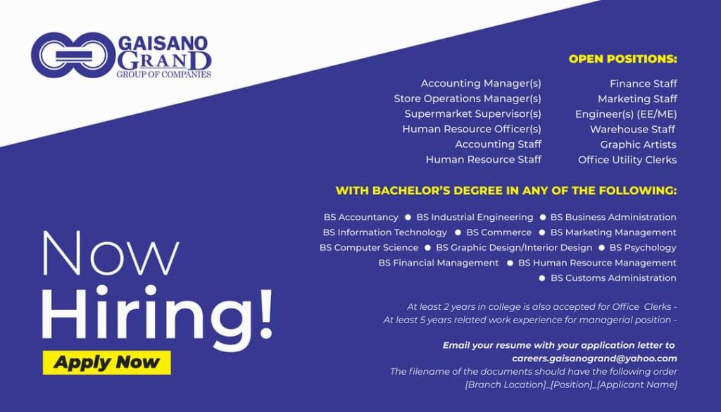 Job Hiring Opportunities Gaisano Grand Citygate Mall