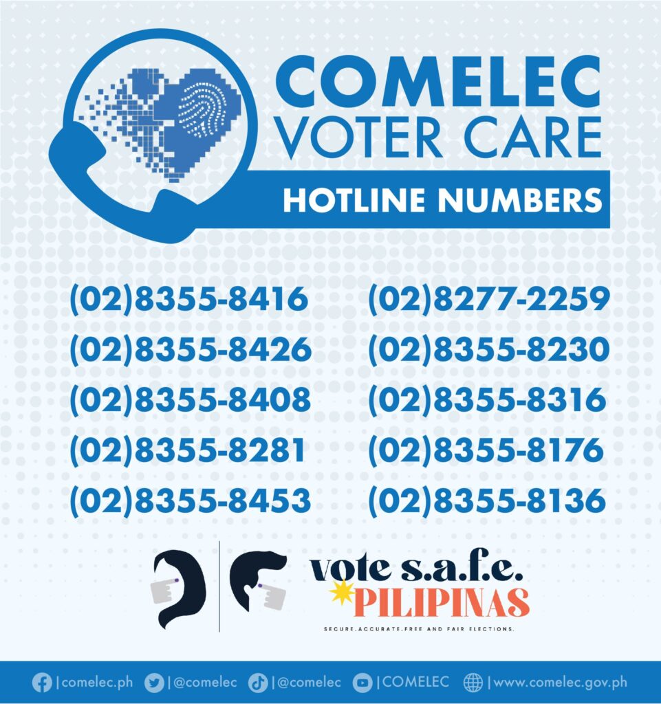 Comelec PH Vote Care hotline numbers vote safe Pilipinas