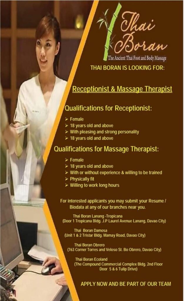 Job Hiring Receptionist Massage Therapist for Thai Boran Obrero April 2022