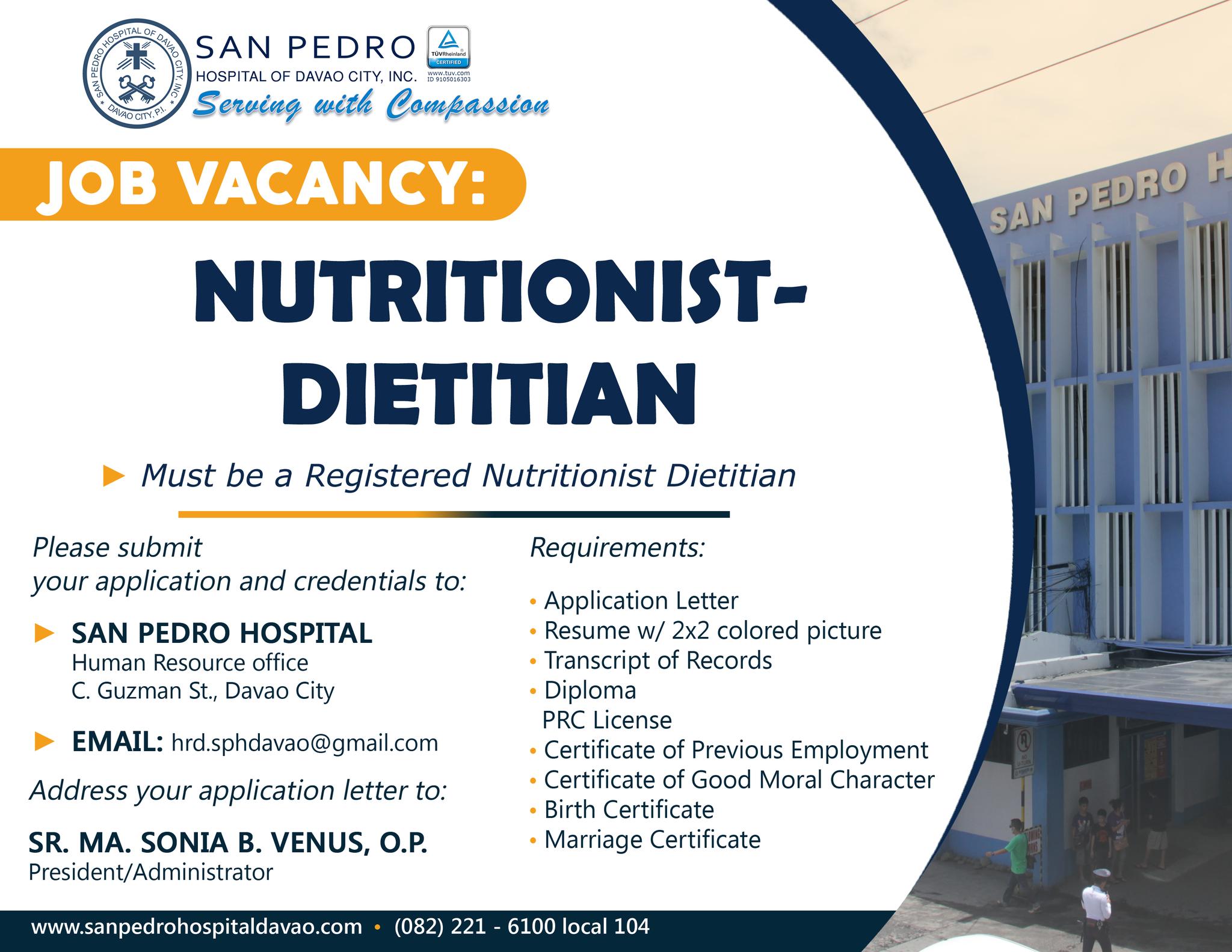 Job Hiring Registered Nutritionist Dietician for San Pedro Hospital
