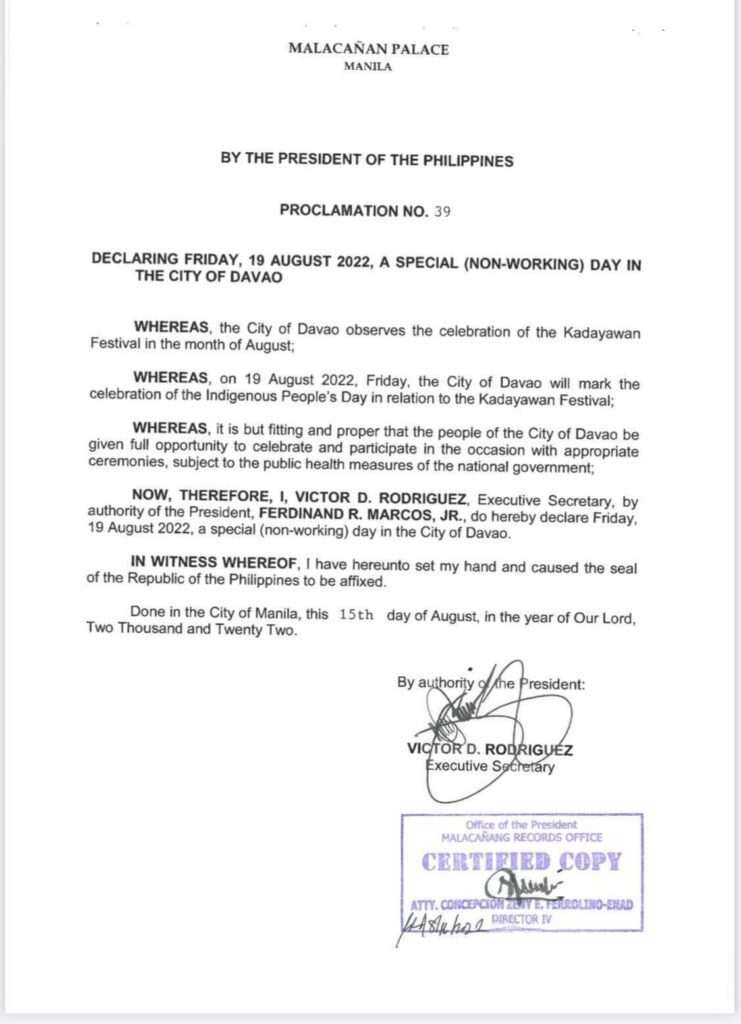 Special Non working holiday August 19, 2022 Kadayawan Sa Davao