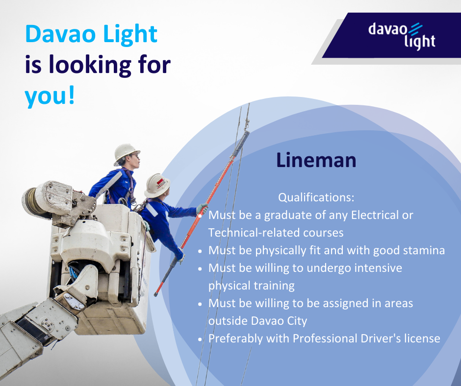 Job Hiring Lineman for Davao Light DAVAO LIFE