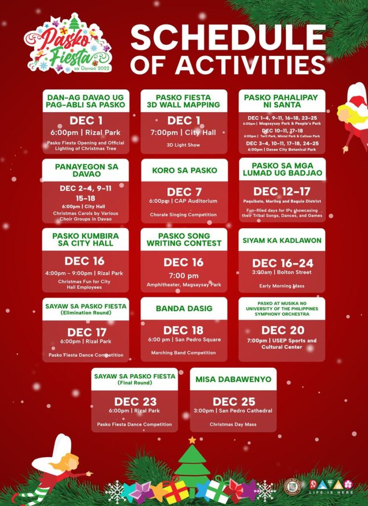 Pasko Fiesta Schedule of Activities Davao City December 2022