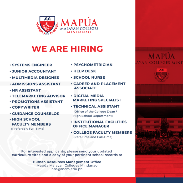Job Hiring Various Positions for Malayan Colleges Mindanao Mapua